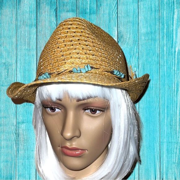 Cute straw fedora with turquoise beaded band! - Picture 2 of 8